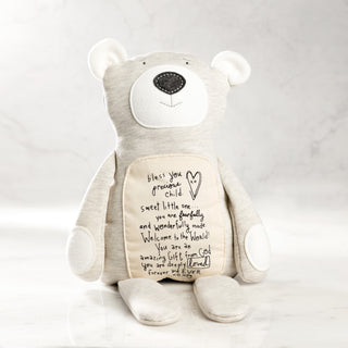 Light gray stuffed bear with inspirational blessing message printed on belly panel