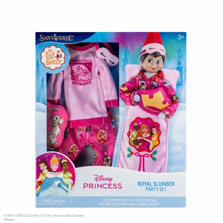 Elf on the Shelf Disney Princess Royal Slumber Party Set with pink pajamas and sleeping bag
