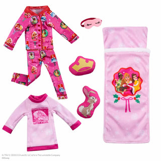 Pink Disney Princess doll pajama set with sleeping bag, eye mask, and bunny slippers