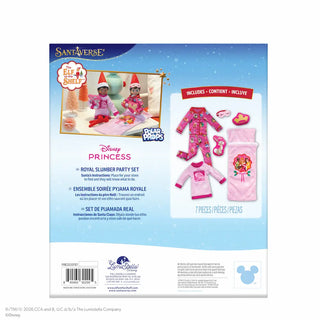 Back of packaging for Elf on the Shelf Disney Princess Royal Slumber Party Set showing 7 included pieces