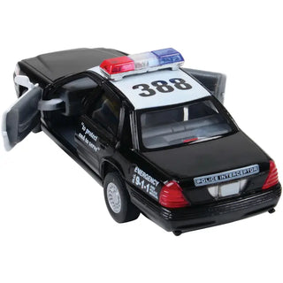 Black and white die-cast Ford Crown Victoria police interceptor toy car, unit 388