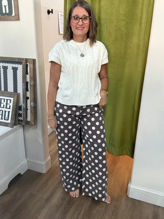 Wide-leg gray and white polka dot denim pants with relaxed fit