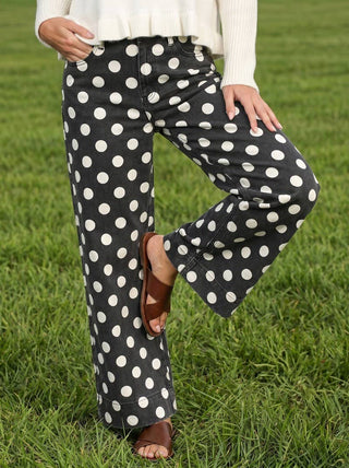 Vine & Love black wide-leg denim pants with large white polka dot print