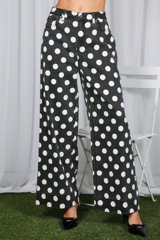 Vine & Love black wide-leg denim pants with large white polka dot print