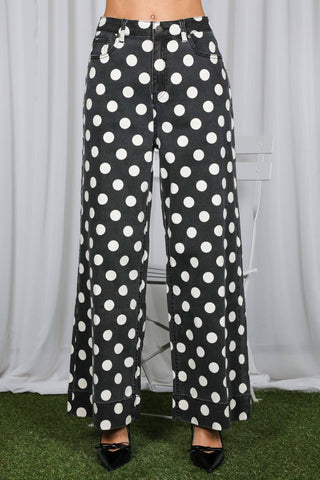 Vine & Love black wide-leg denim pants with large white polka dot print