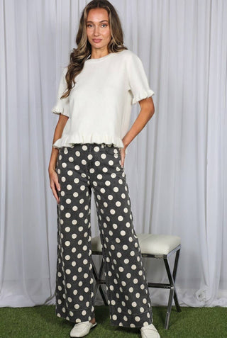 Vine & Love wide-leg dark gray polka dot denim pants with cream dots