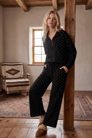 Black polka dot half-zip pullover and wide-leg pants lounge set with drawstring waist