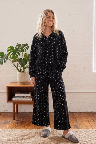 Black polka dot half-zip pullover and wide-leg pants lounge set with slippers