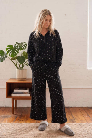 Black polka dot half-zip pullover and wide-leg pants lounge set with slippers