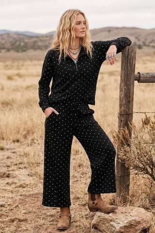Black polka dot half-zip pullover and wide-leg pants set with drawstring waist