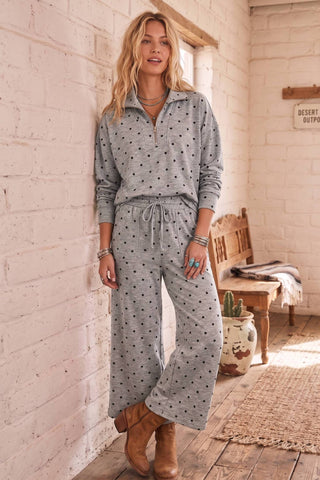 Sewn and Seen gray polka dot half-zip pullover and wide-leg pants set