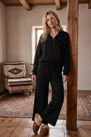 Black polka dot half-zip pullover and wide-leg pants lounge set with slippers