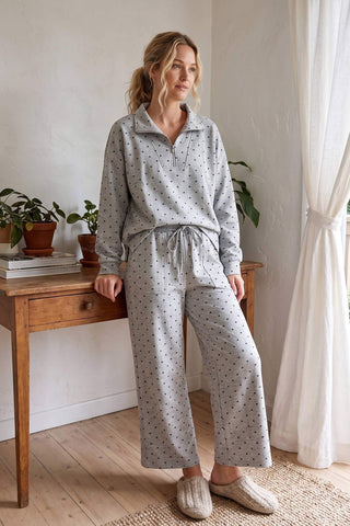 Sewn and Seen gray polka dot half-zip pullover and wide-leg pants set