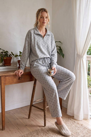 Sewn and Seen gray polka dot half-zip pullover and wide-leg pants set