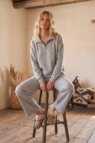 Sewn and Seen gray polka dot half-zip pullover and matching wide-leg pants set