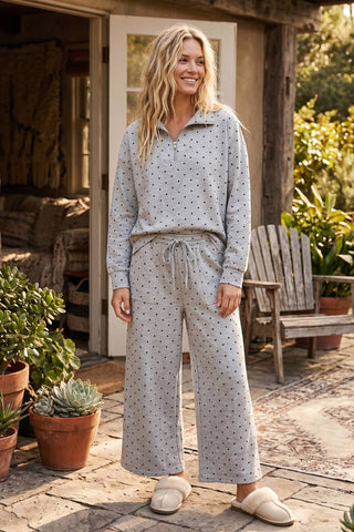 Sewn and Seen gray polka dot half-zip pullover and wide-leg pants set