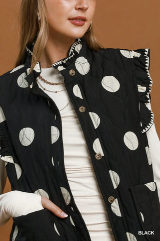 Umgee black quilted vest with large white polka dots and ruffle trim detail