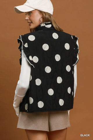 Umgee black quilted vest with white polka dots and ruffle trim sleeves