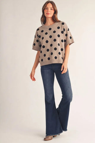 Jodifl taupe short-sleeve knit sweater top with large black polka dots