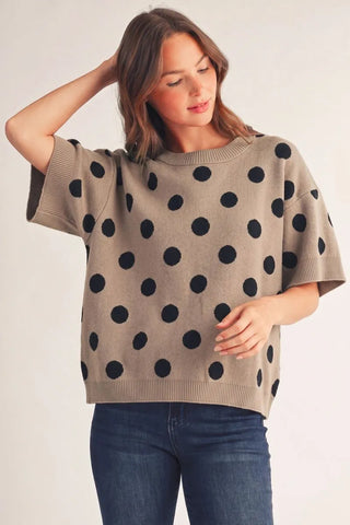 Jodifl taupe and black polka dot short sleeve knit sweater top