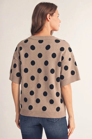 Jodifl taupe short-sleeve knit sweater top with large black polka dots