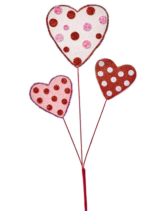 Regency glitter polka dot heart picks on red stems, white pink and red, set of 3