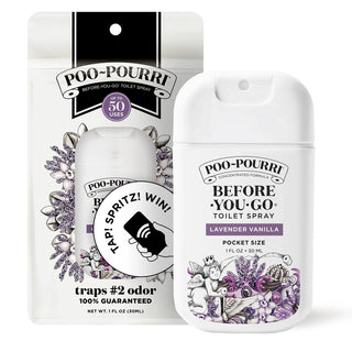 Poo-Pourri Lavender Vanilla pocket spray with retail pouch packaging and up to 50 uses badge
