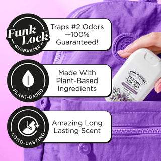 Poo-Pourri Lavender Vanilla spray in backpack pocket emphasizing plant-based long-lasting scent guarantee