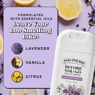 Essential oil-based Poo-Pourri Lavender Vanilla spray bottle showing lavender vanilla citrus ingredients