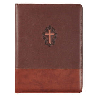 Brown two-tone faux leather portfolio with ornate embossed cross emblem on front cover
