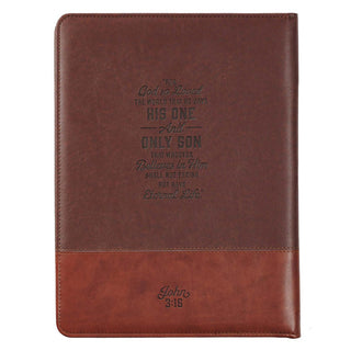 Brown two-tone faux leather portfolio embossed with John 3:16 Bible verse by Christian Art Gifts