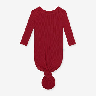 Posh Peanut dark red ribbed bamboo baby gown back view with knotted footie closure