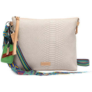 Consuela Marlow Pouch in cream snake-embossed leather with colorful woven crossbody strap and boho charms