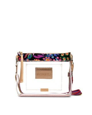 Consuela clear vinyl crossbody pouch with colorful Marlow floral print top trim and multicolor strap