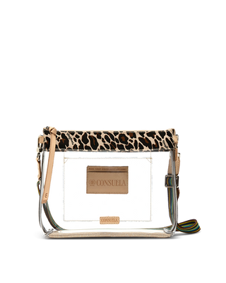 Consuela Marlow clear vinyl crossbody pouch with leopard print top trim and multicolor strap