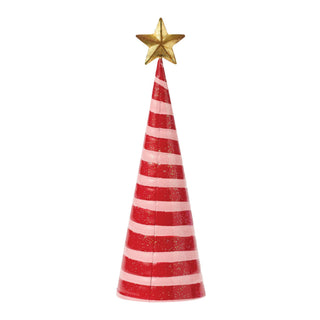 Conical Christmas tree decoration with red and pink candy cane stripes and gold star topper