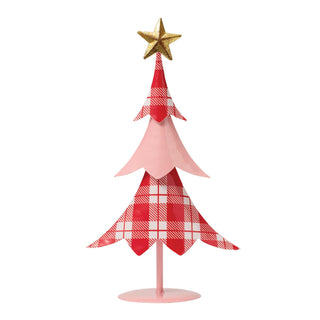 Metal Christmas tree decoration in pink and red plaid pattern with gold star topper on stand