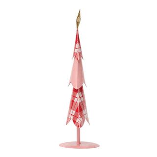 Decorative metal Christmas tree in pink and red plaid pattern with gold star topper