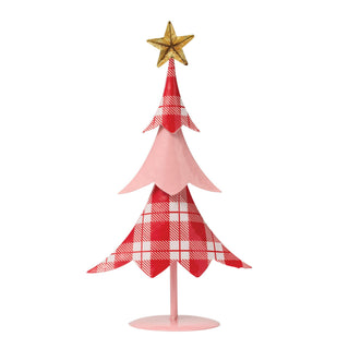 Metal Christmas tree decoration in pink and red plaid pattern with gold glitter star topper