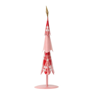 Decorative metal Christmas tree in pink and red plaid with gold star topper on pink stand