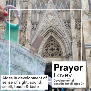 Front view of scripture print lovey highlighting developmental benefits