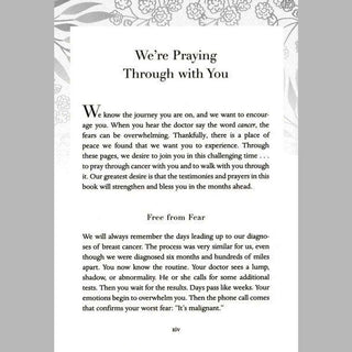 Book page with text 'We're Praying Through with You' and introductory paragraph  with decorative borders.