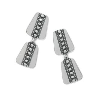 Silver geometric drop earrings with raised bead detailing and brushed metal finish