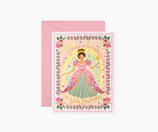 Rifle Paper Co. Princess Birthday Card with floral border, pink envelope, and gold glitter text