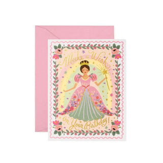 Rifle Paper Co. princess birthday card with floral border and gold Make a Wish text