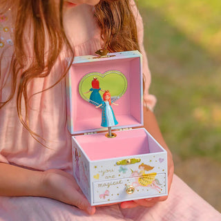Pink princess musical jewelry box with spinning figurine, heart mirror, and small drawer