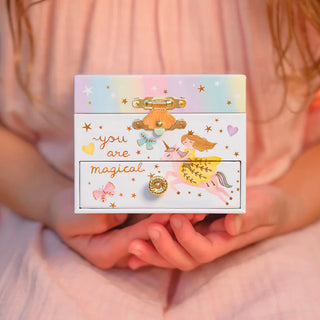 White musical jewelry box with unicorn princess design and 'you are magical' text