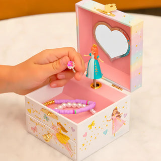 Pink princess musical jewelry box with heart mirror, spinning figurine, and two drawers