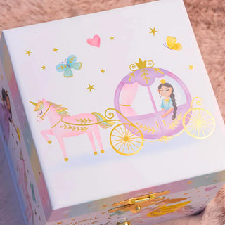 White musical jewelry box with princess carriage, unicorn, butterflies, and gold accents