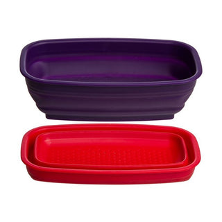 Purple and red silicone collapsible berry colander expanded with drainage holes and collapsed flat tray
